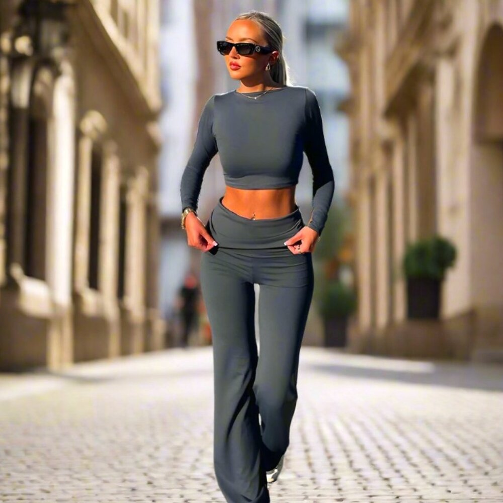 Chic High-Waisted Slim Fit Two Piece Outfit, Grey, size Medium